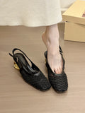 Women's square toe sandals with woven pattern and slingback strap in three colour options