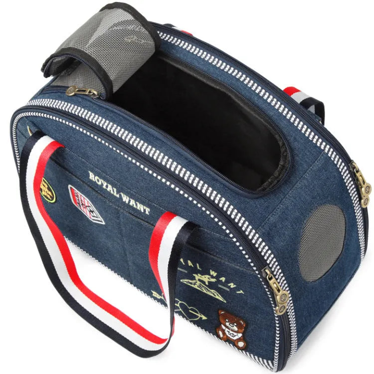 Blue denim Japanese style pet diaper bag with cartoon pattern measuring 43cm long