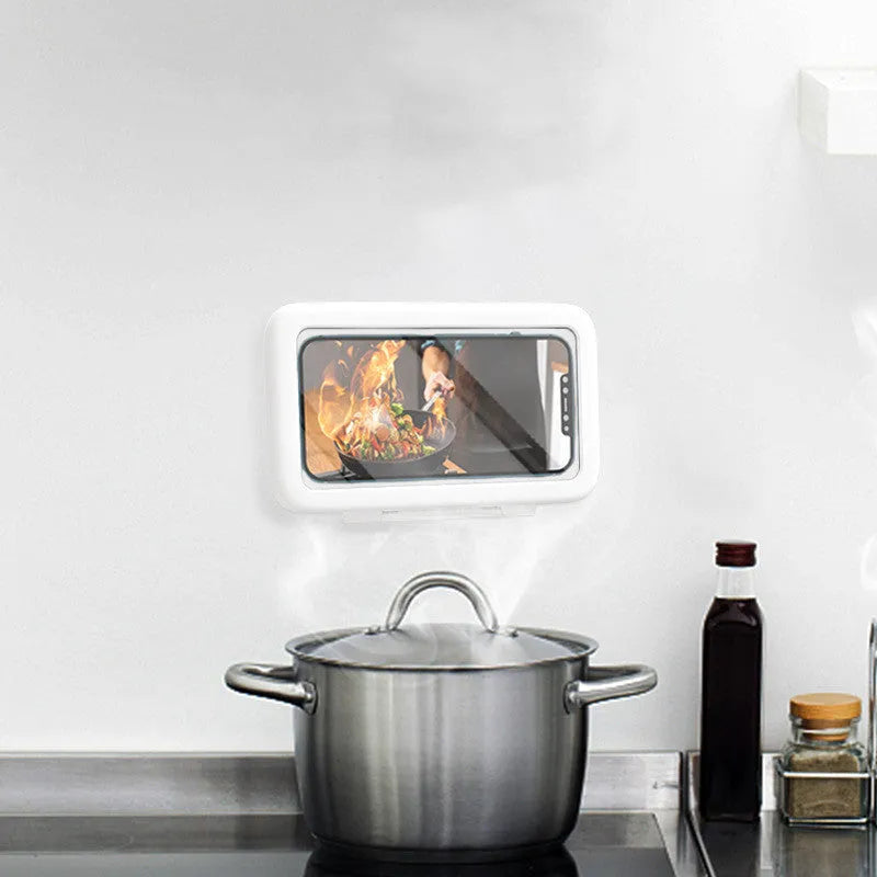 White waterproof phone holder mounted on bathroom tile with phone visible through anti-fog window
