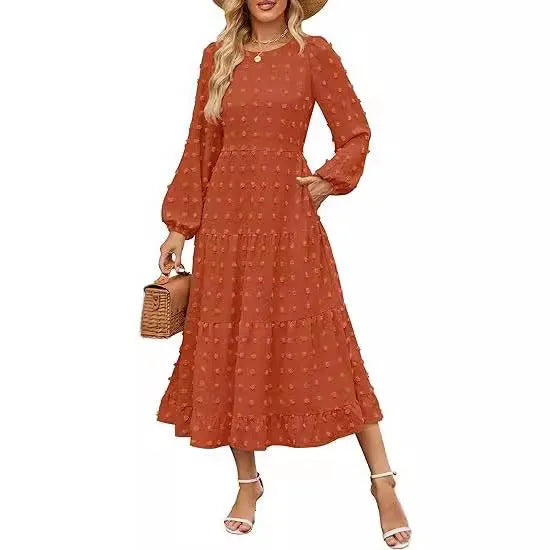 Women's long sleeve casual dress with ruffle sleeves and high waist in beige colour