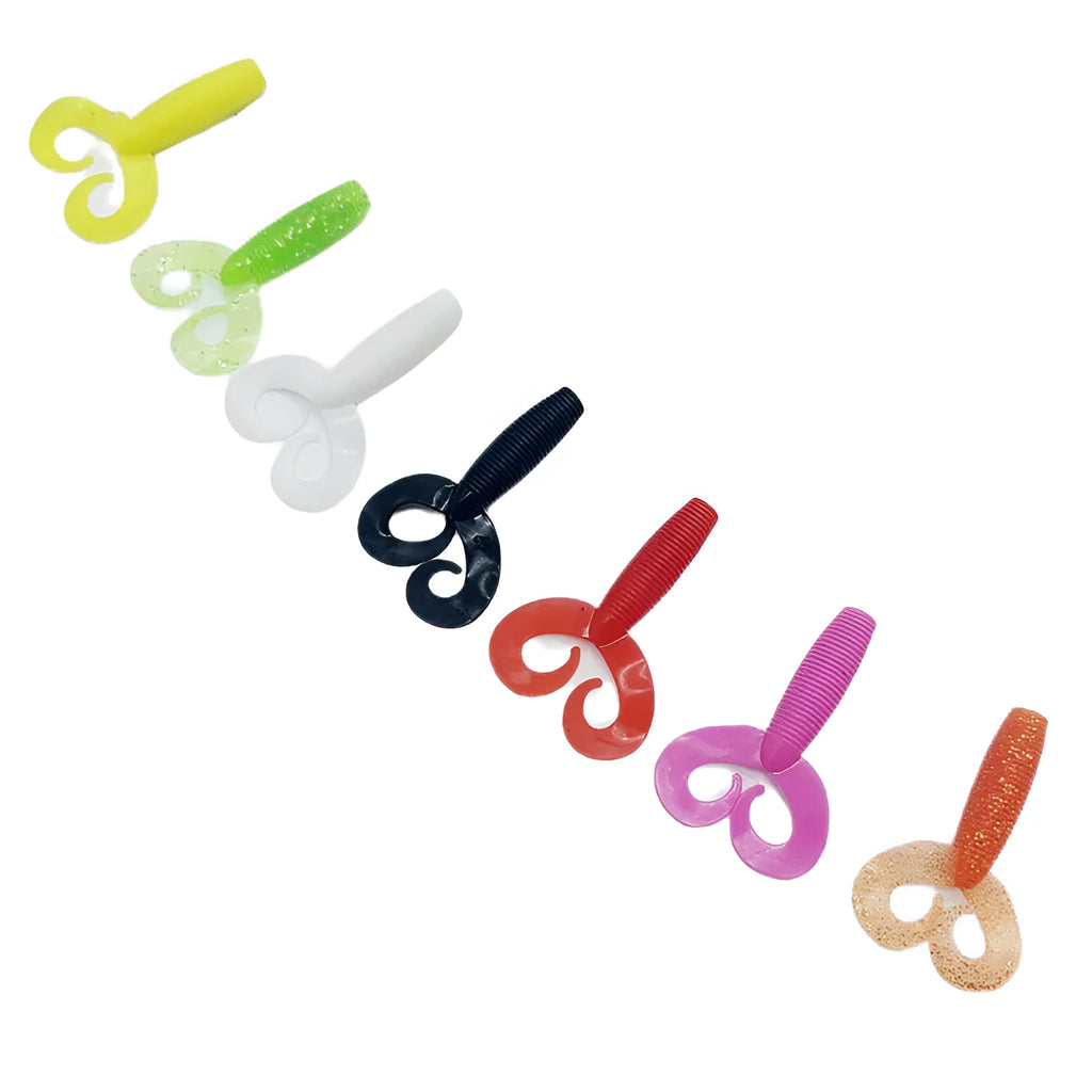 4.3g 67mm TPR soft lure with double tail and rolled tail maggot profile in seven colours