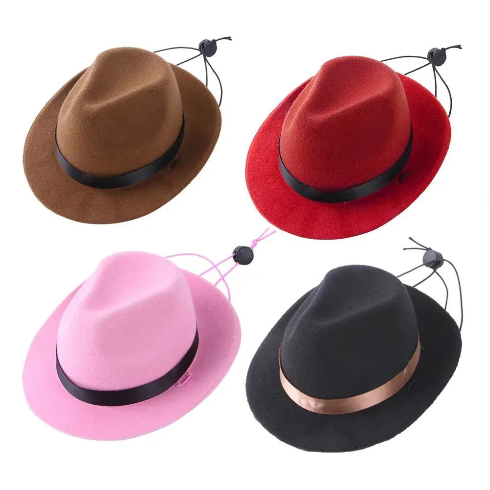 Mini wool felt pet hat in pink, black, brown, or red for small cats and dogs with hairpin.