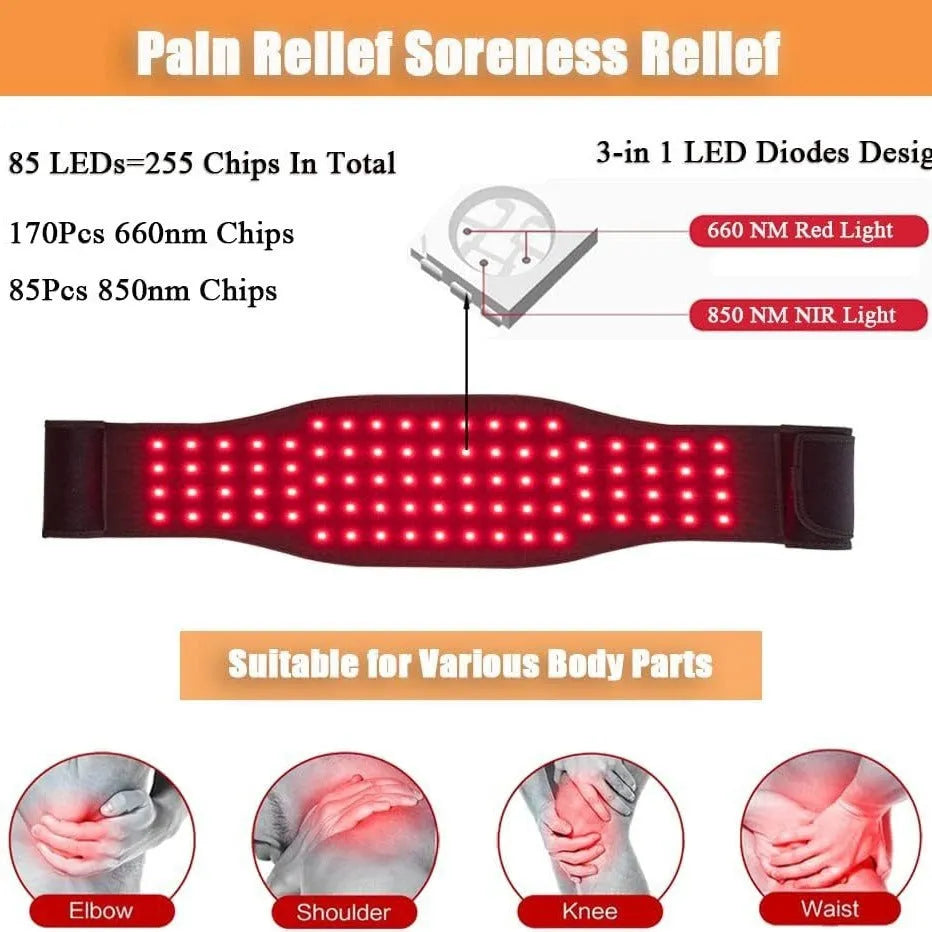 Black infrared red light therapy belt for waist pain relief with adjustable strap