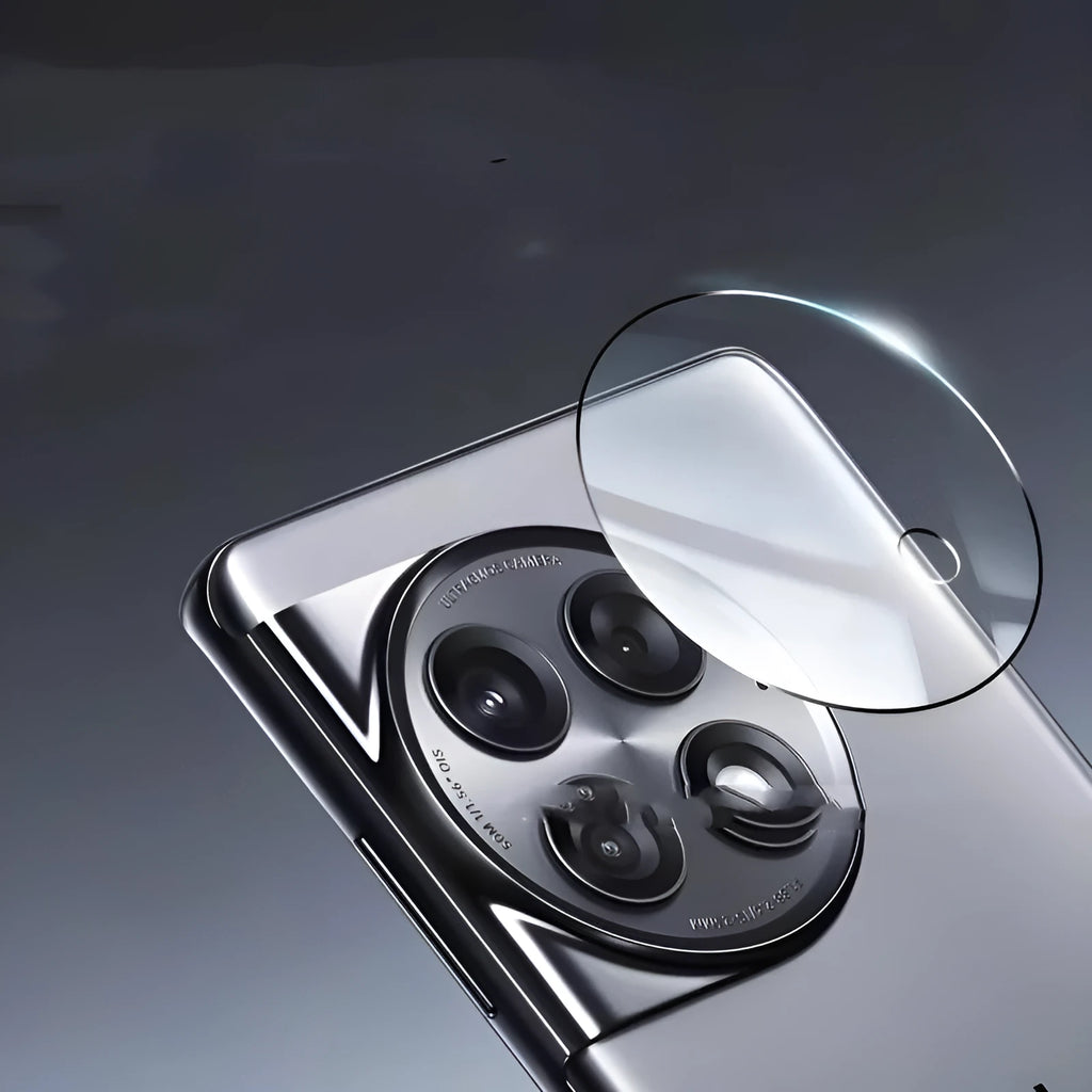 Tempered glass lens protector with black ring for OnePlus 12, Find N3, and OnePlus 11 smartphones.