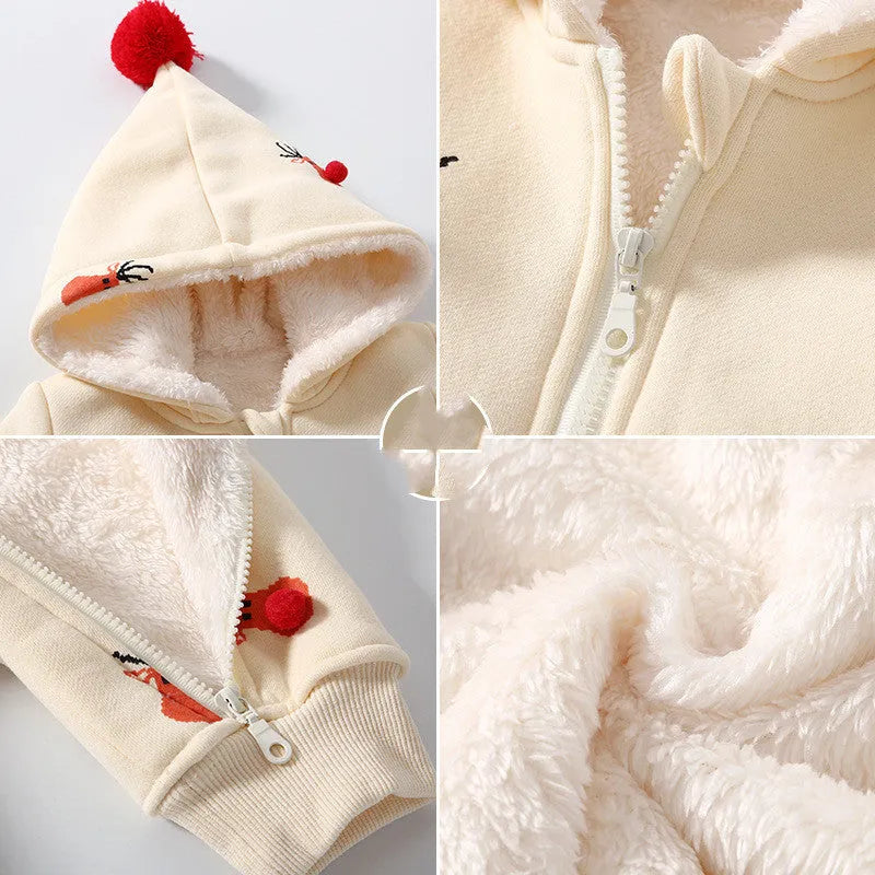 Khaki padded baby one-piece suit with Christmas moose print, shown on hanger.