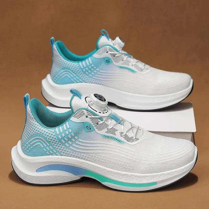 Men's low-top white and orange sneaker with a rotating buckle on a breathable mesh upper.