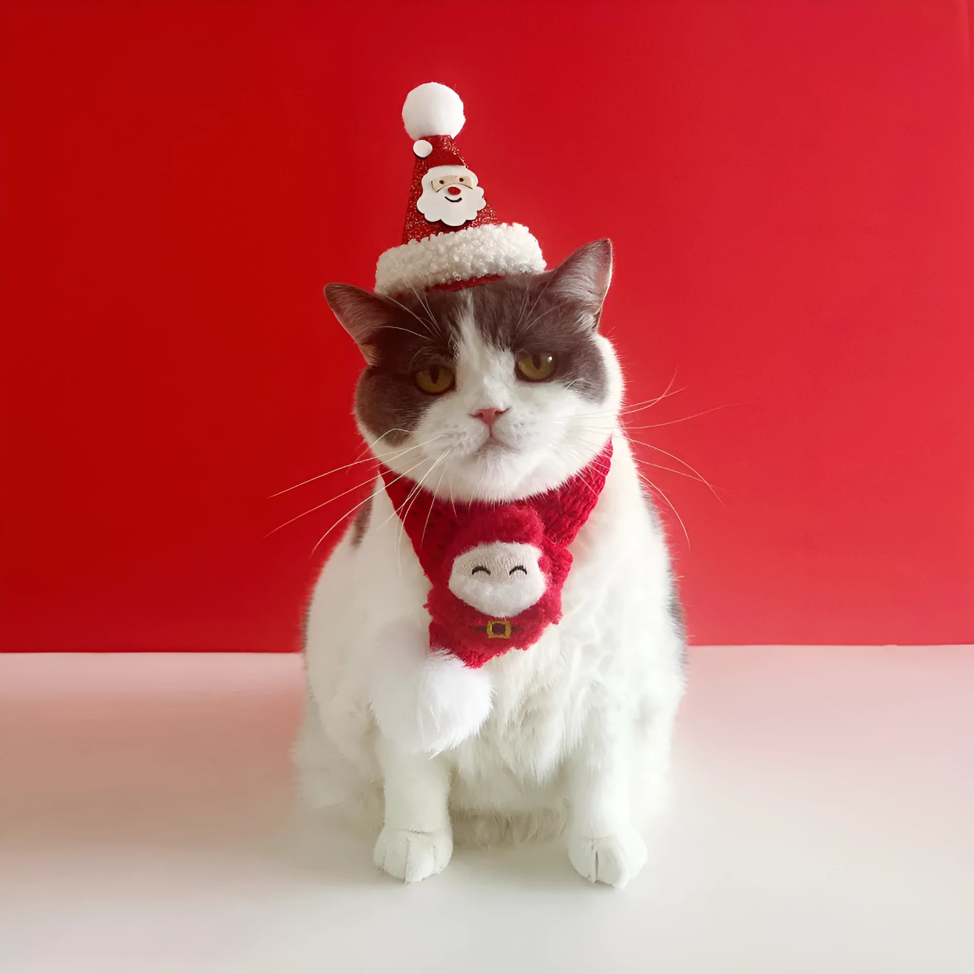 Christmas cat scarf in striped cartoon print with Santa Claus design on a pet
