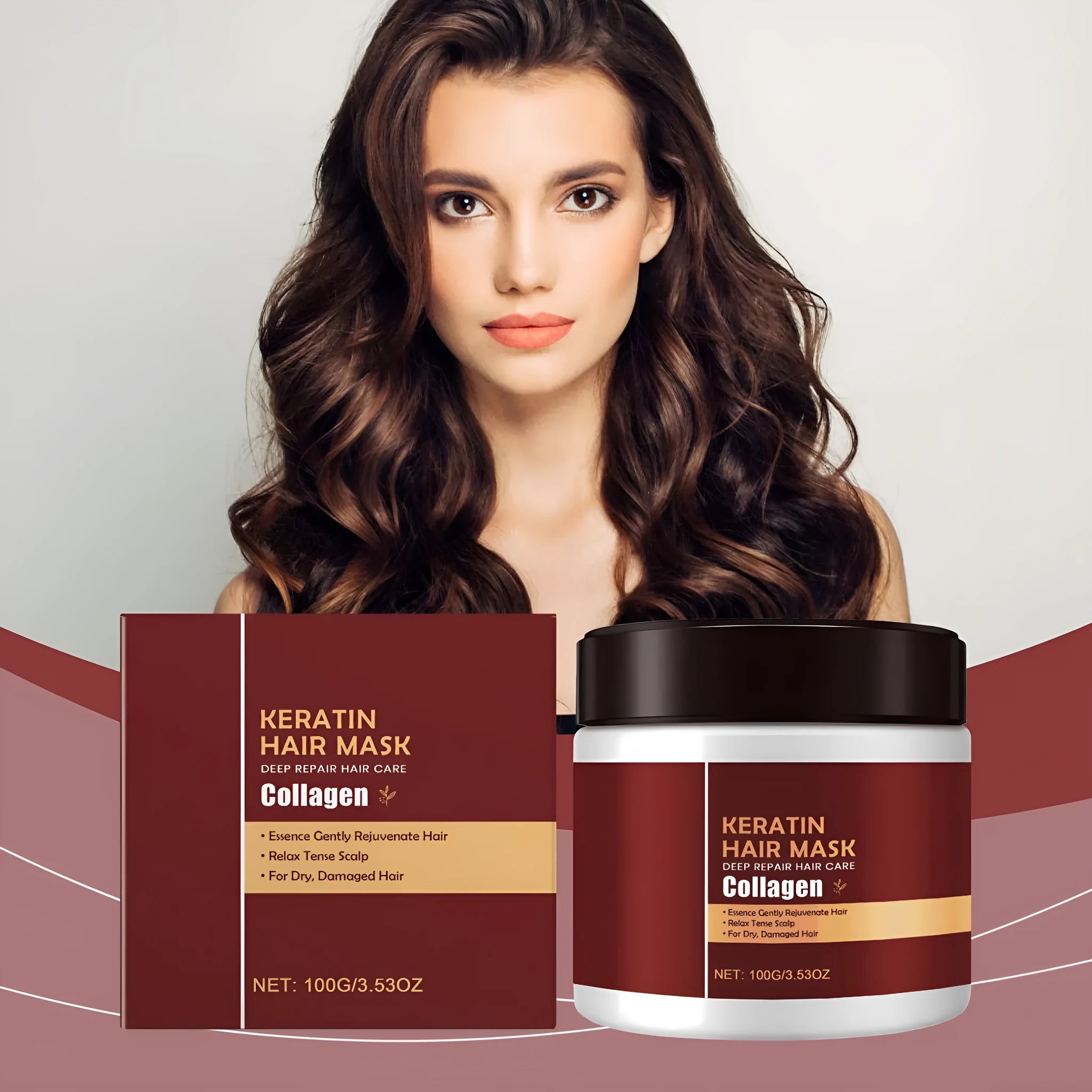 A 100g pot of hair mask with hydrolysed keratin, collagen, and aloe extract, shown next to a 5.5 cm ruler.