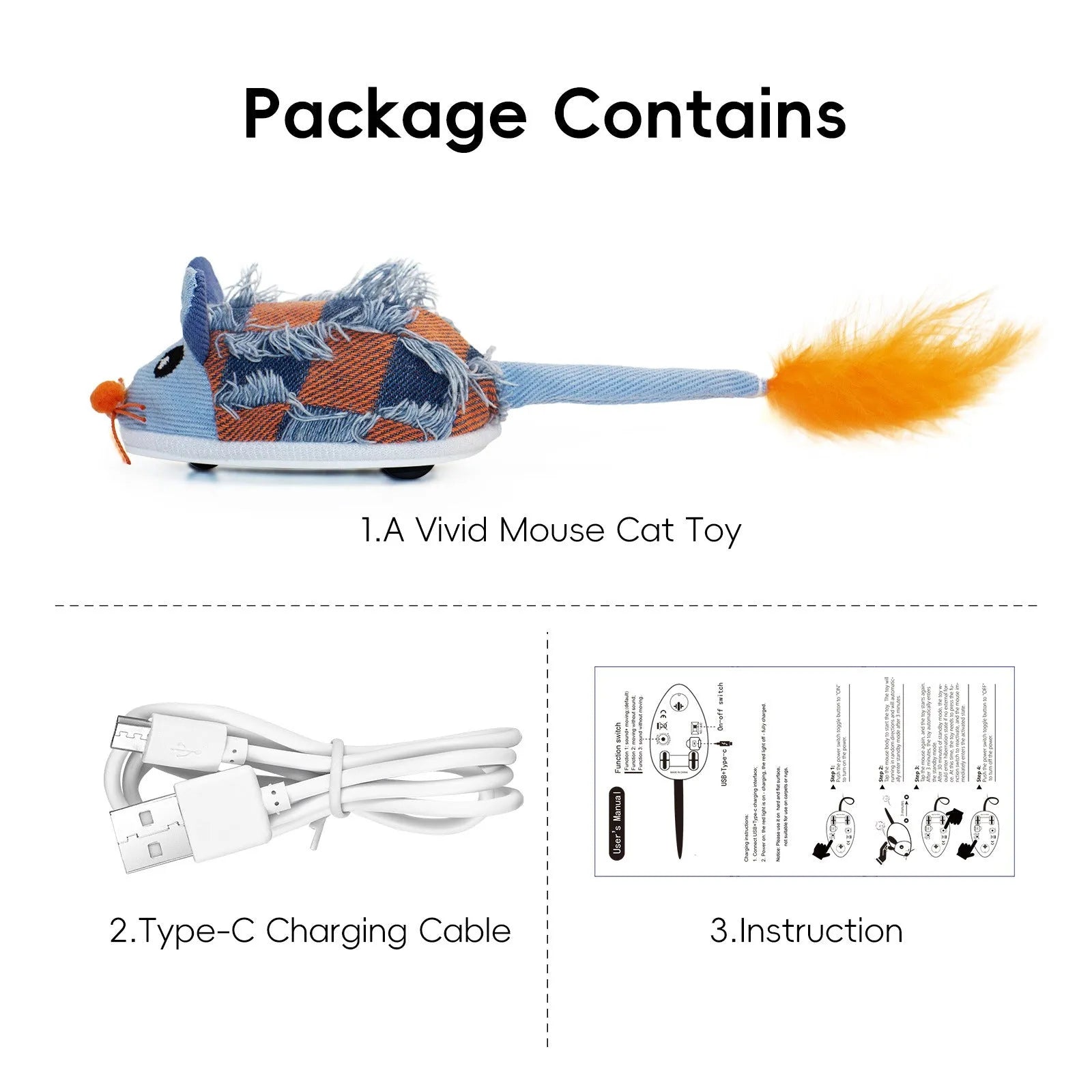 Electronic motion cat toy with moving mouse design, rechargeable battery, sound box and feather attachments in Blue and Yellow options