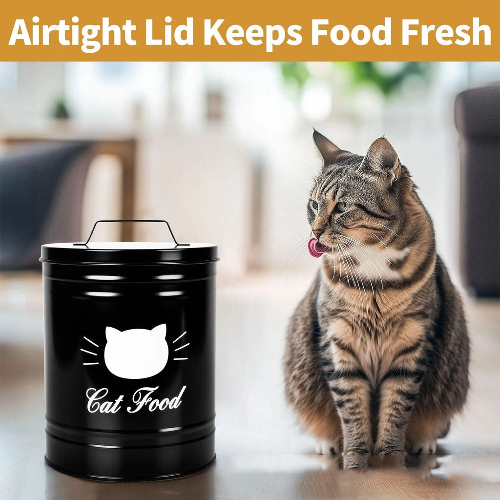 Black and white round iron sheet storage can with moisture-proof lid for pantry organisation.