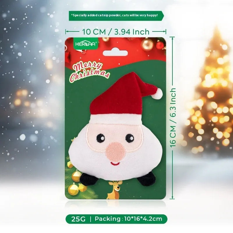 Christmas cat plush toy with catnip in festive designs including elk, tree, Santa and egg
