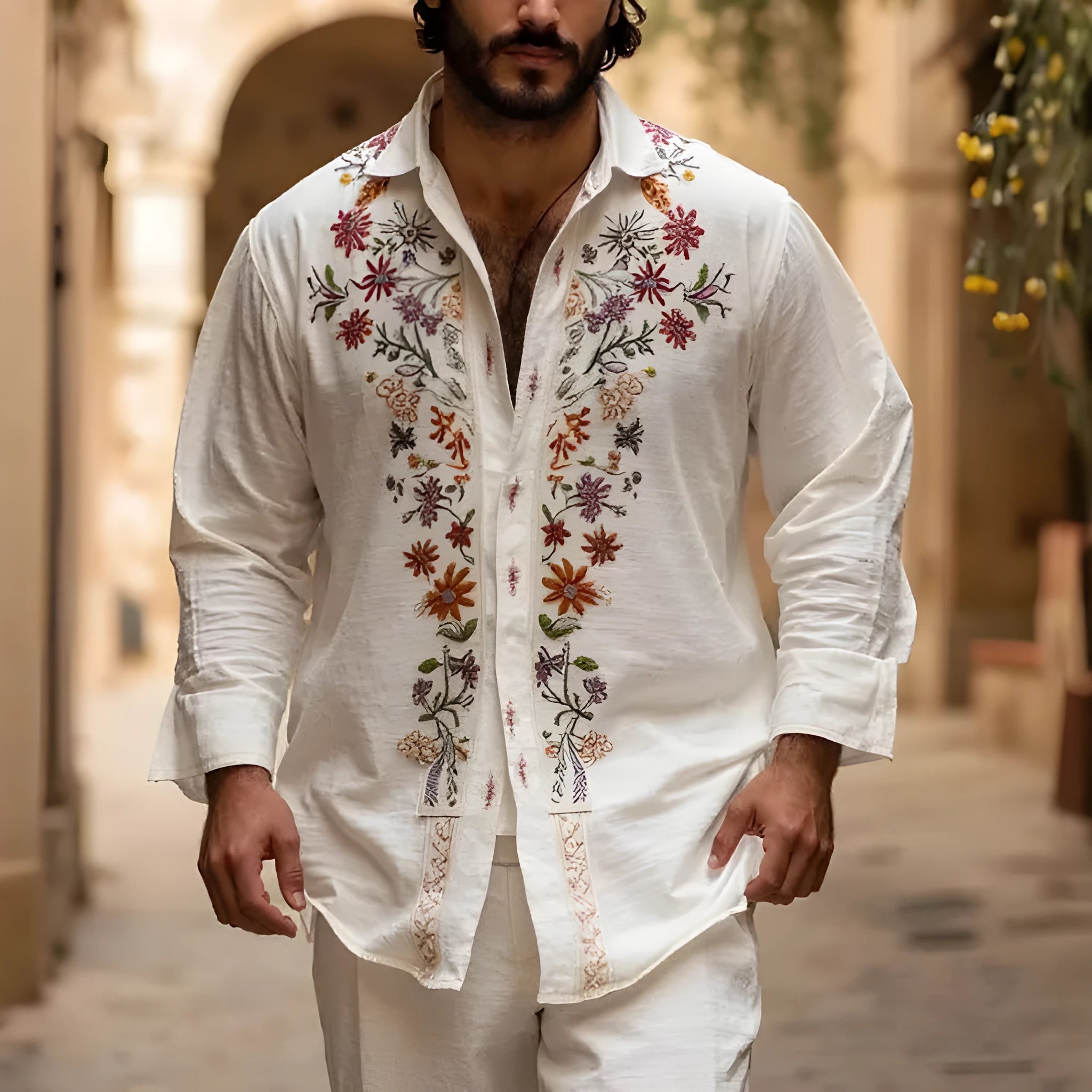 Man wearing a retro-style grey long sleeve cardigan with a 3D printed pattern.