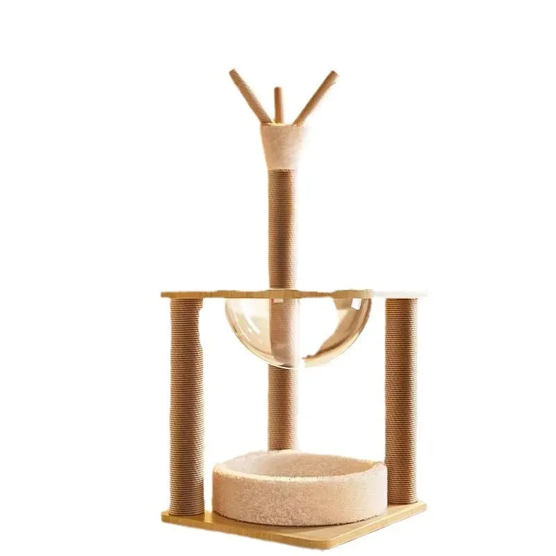 Wooden cat climbing frame with integrated space capsule in luxury grey finish