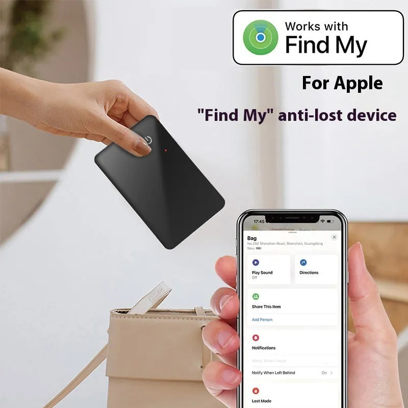 Black pet tracking card device with wireless charging NFC and hanging hole measuring 85mm
