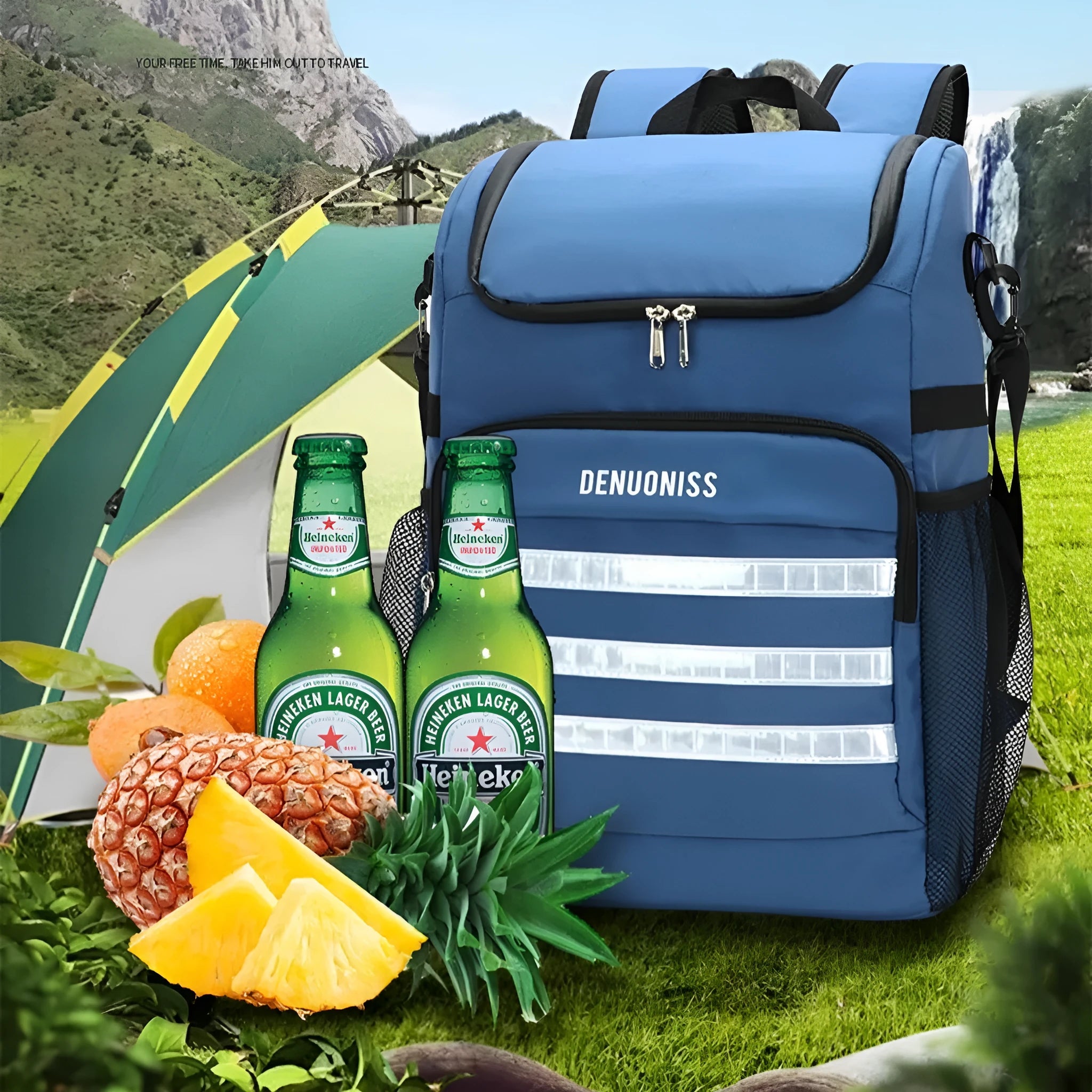Black insulated 20L cloth backpack with a mounted shoulder bag featuring a bottle opener.