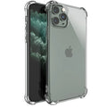 Transparent clear TPU shockproof phone case for Apple iPhone, shown on a table.
