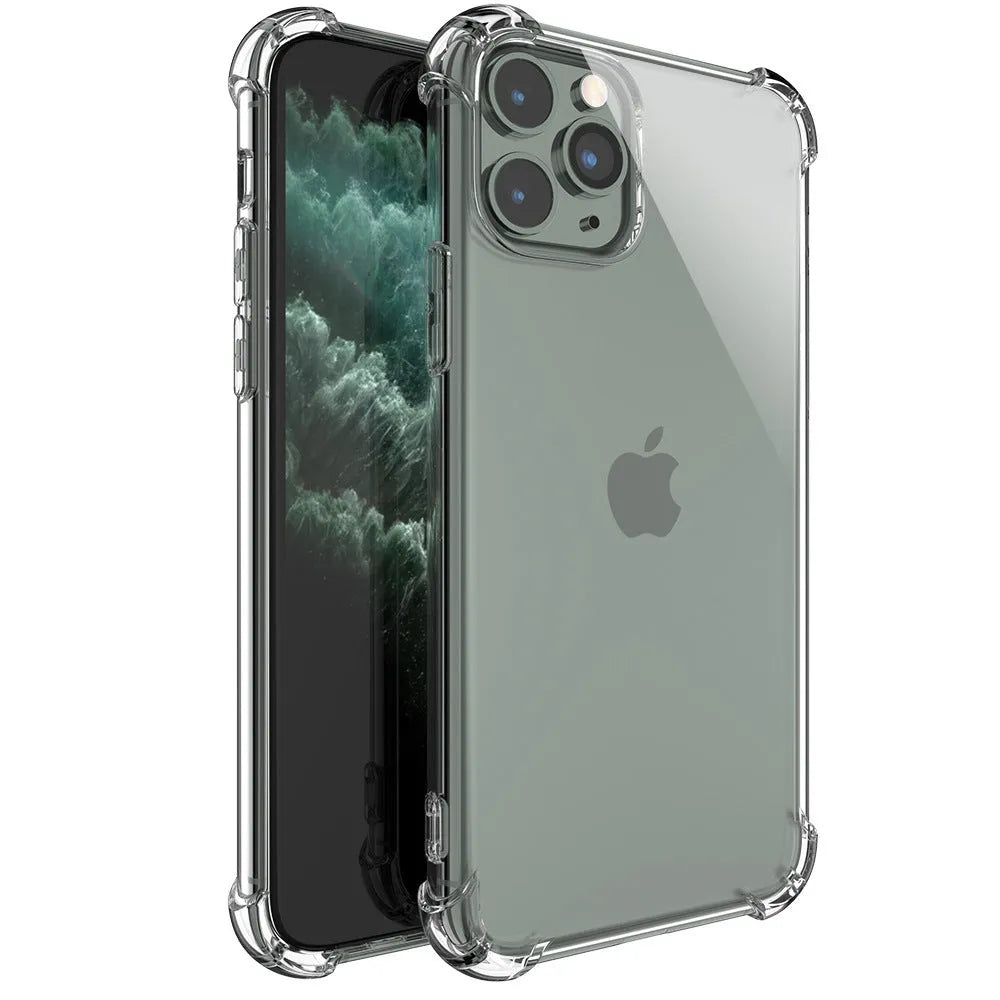 Transparent clear TPU shockproof phone case for Apple iPhone, shown on a table.