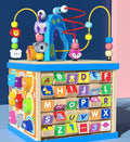Blue wooden bead treasure box toy measuring 23x23x32cm with multiple play scenes