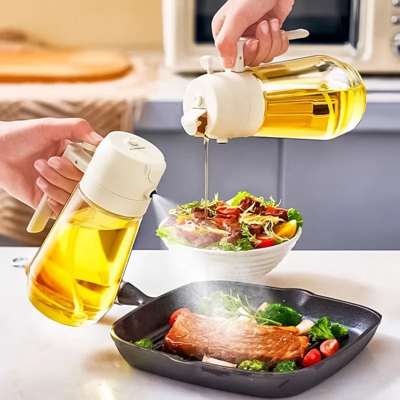 470ml glass oil sprayer dispenser with ergonomic handle in beige, black, green, or yellow colours