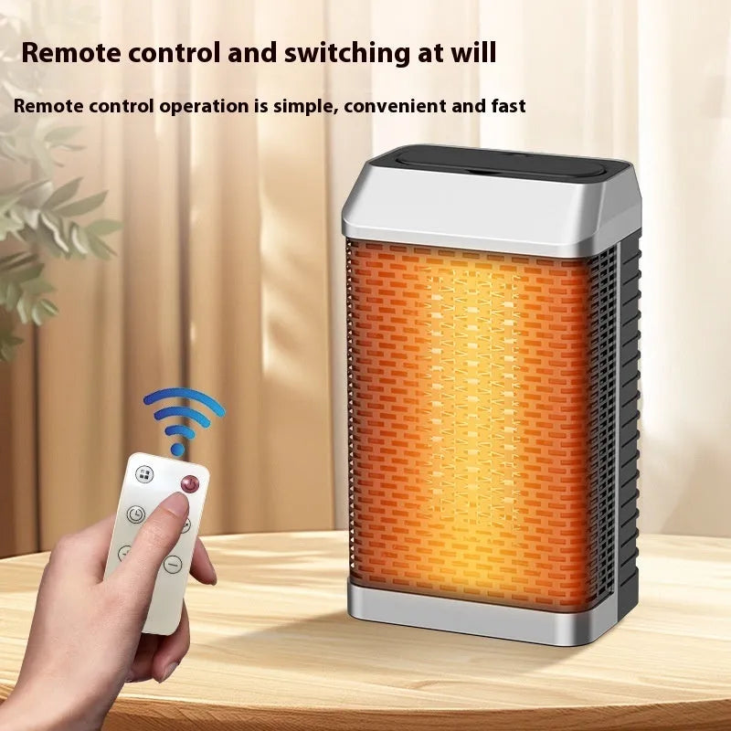 Black desktop smart heater with remote control showing compact 14.5x10x26cm dimensions