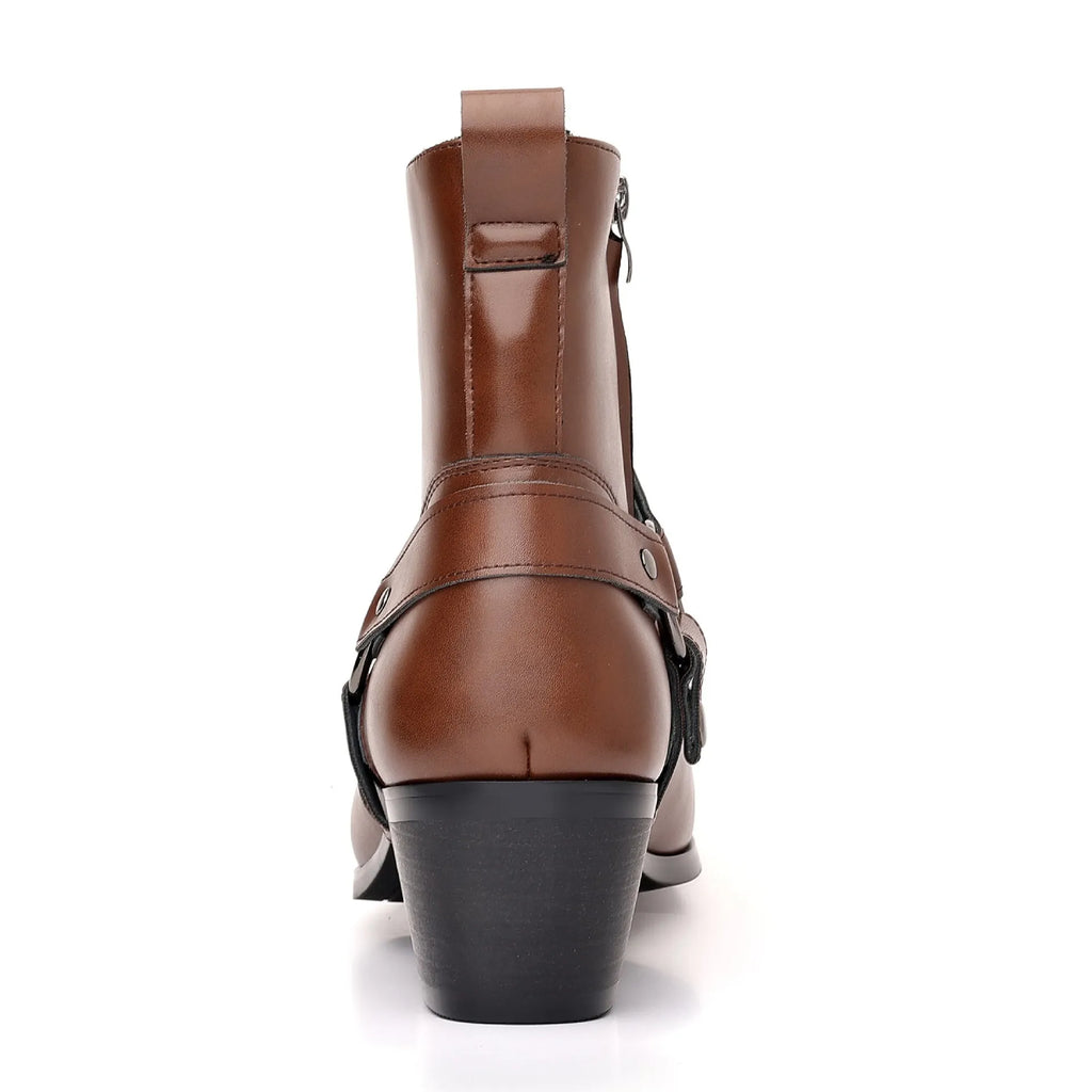 Black unisex chain ankle boots with side zipper, square toe, and high heel.