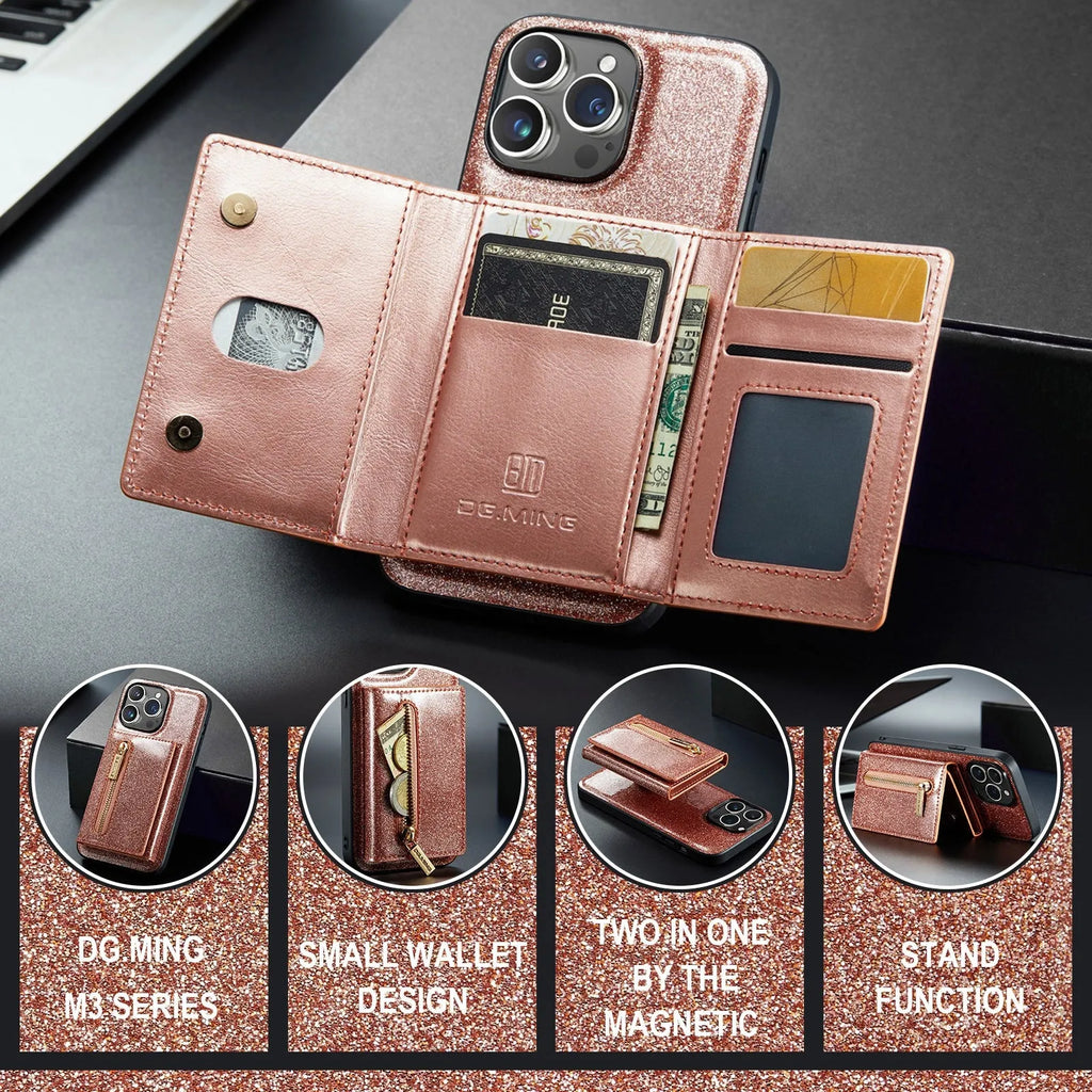 Lambskin leather magnetic card holder phone case for iPhone with bracket and card slot, cool black colour