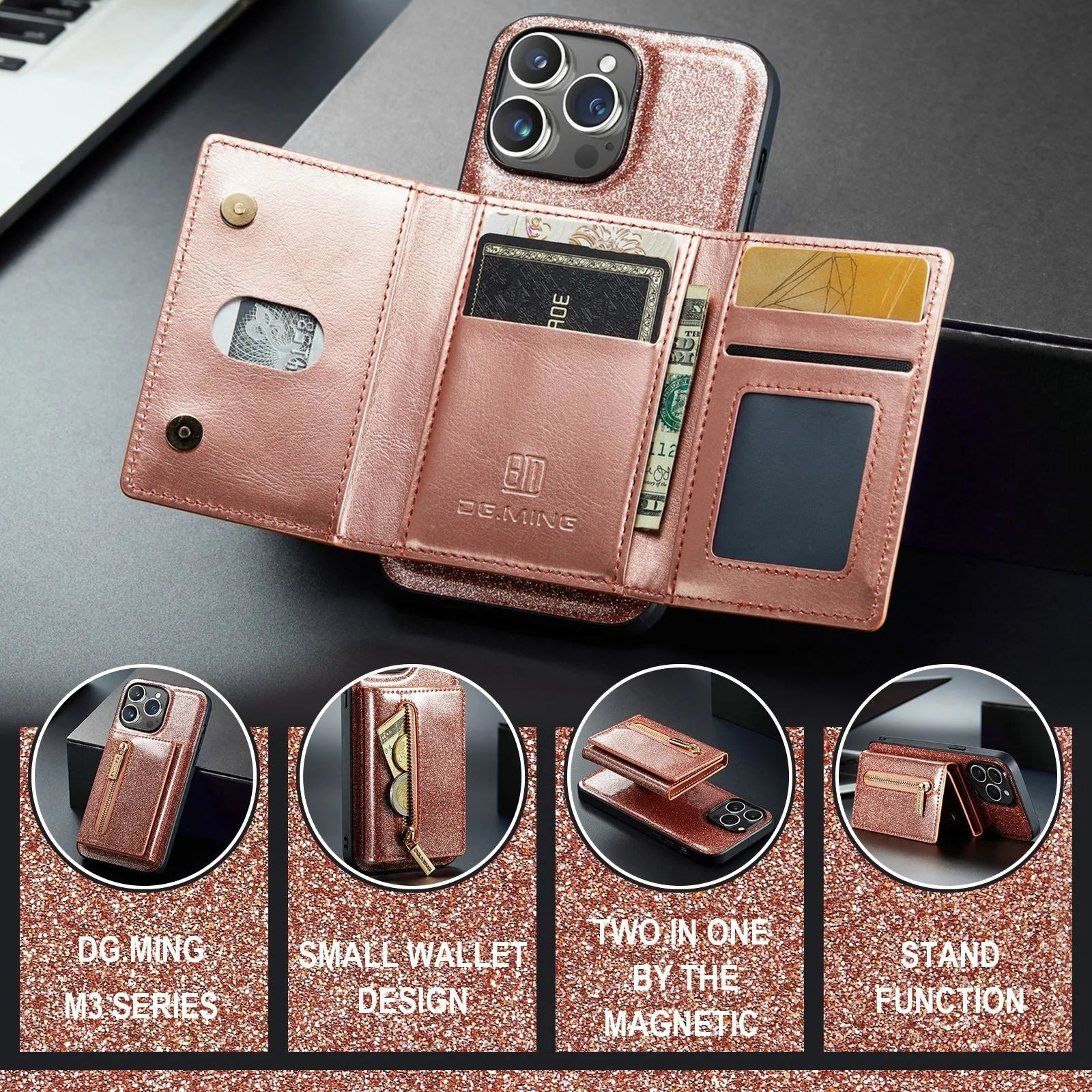 Lambskin leather magnetic card holder phone case for iPhone with bracket and card slot, cool black colour