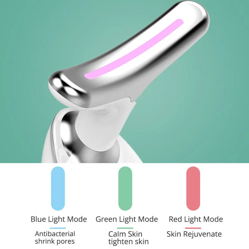 Black silver electric neck massager device with LED lights showing EMS microcurrent and thermal functions