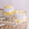Floral baby bucket hat in mesh fabric, children cap for girls, available in blue, pink, white, and yellow