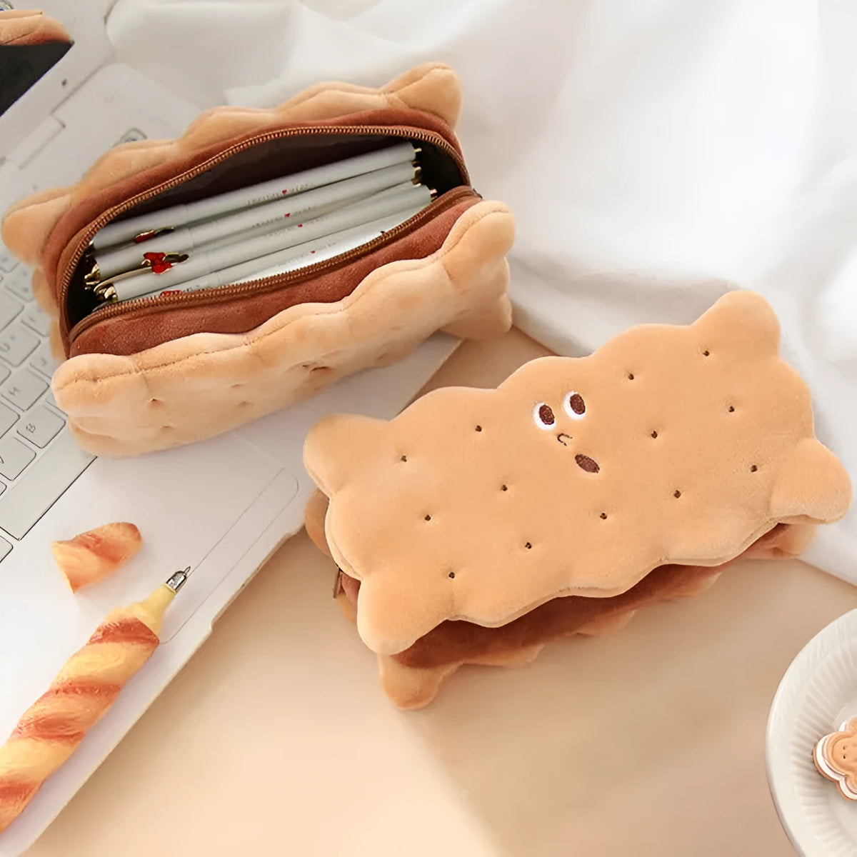 Plush pencil bag with cartoon sandwich biscuit design and cookie coin purse option