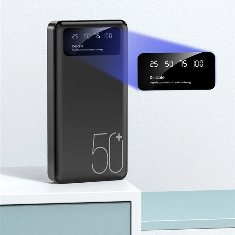 50000 mAh portable power bank with LED display and fabric texture finish in black or white