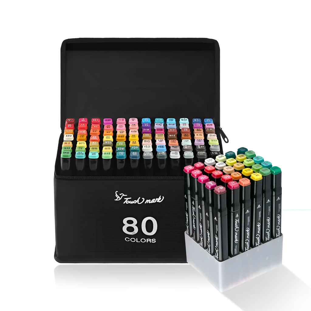Children's watercolour pen set with 24 coloured pens laid flat showing caps and tips