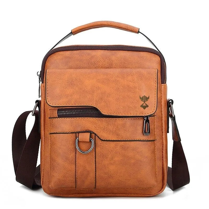 Khaki men's PU leather shoulder bag showing front zipper and diagonal strap, size 22x27x8cm.