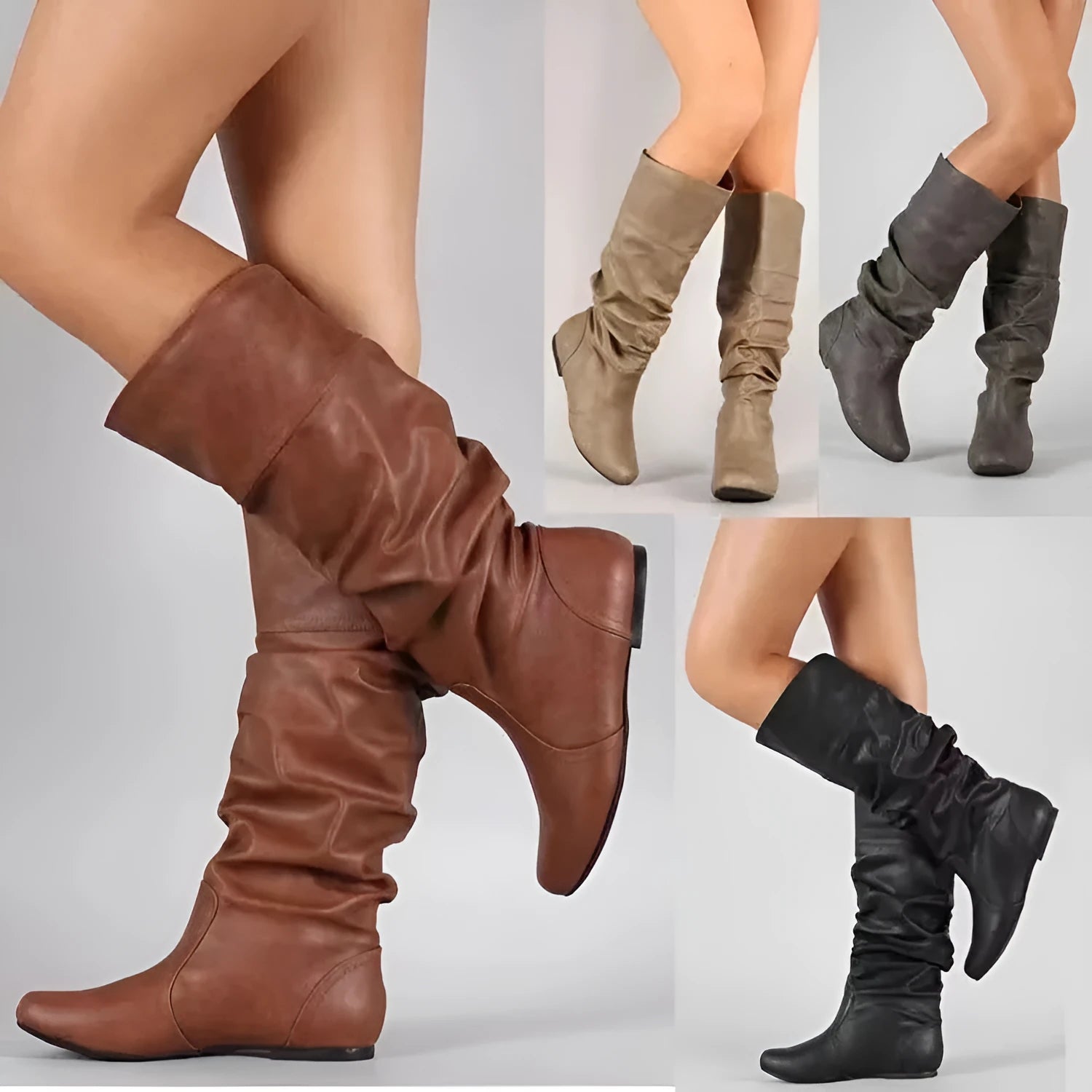 Women's black flat heel slip-on long boots with round toe and high cylinder shaft.