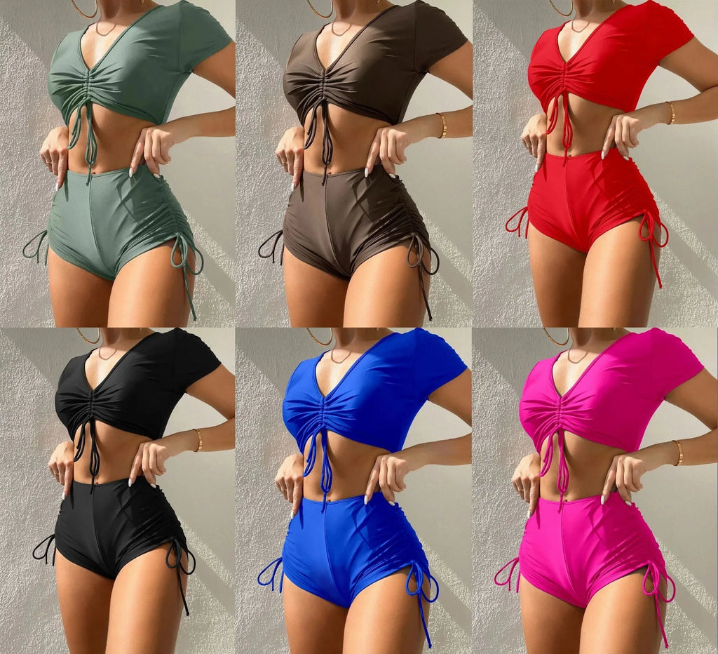Lady's lace-up bow swimsuit in six colour options with adjustable front