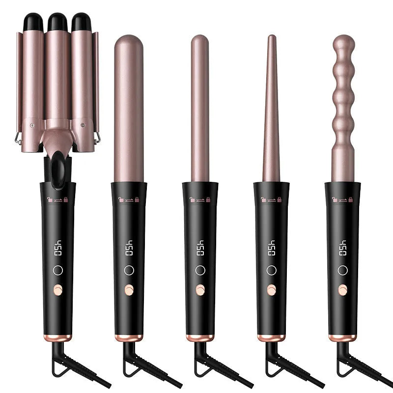 Rose gold five-in-one hair curler with LCD screen and tube replacement technology.