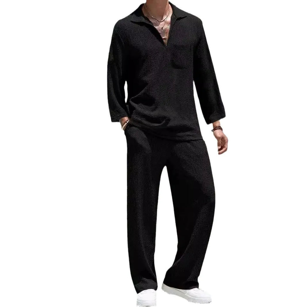 Men's casual shirt trousers suit set in polyester fabric for autumn commuting and leisure wear