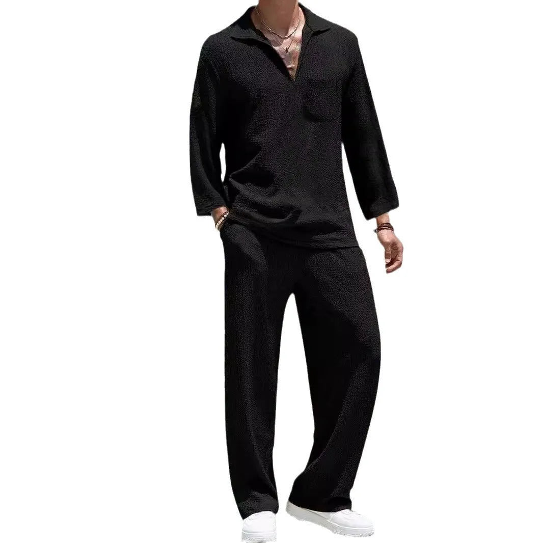Men's casual shirt trousers suit set in polyester fabric for autumn commuting and leisure wear