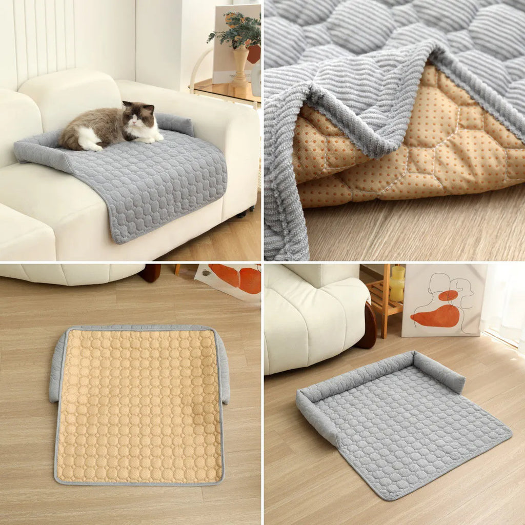 Corduroy pet bed mat with neck pillow, 75cm x 75cm, 900g, in Beige or grey for dogs and cats