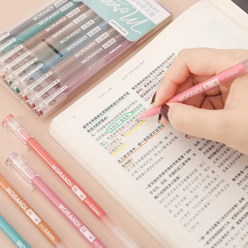 Set of nine colourful retro-style gel pens with 0.5mm needle tips in a plastic case.