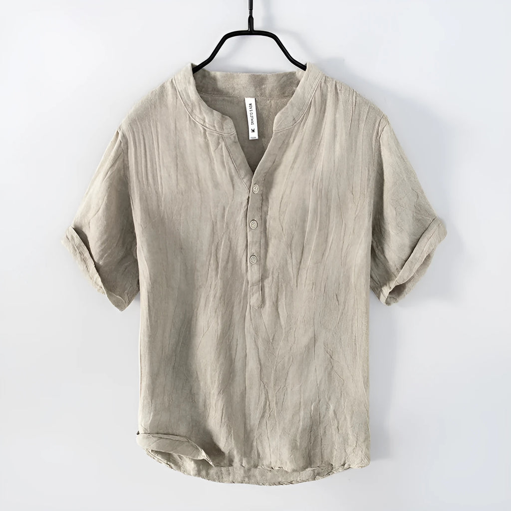 Retro-styled linen pullover top with short sleeves in striped pattern