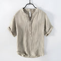 Retro-styled linen pullover top with short sleeves in striped pattern