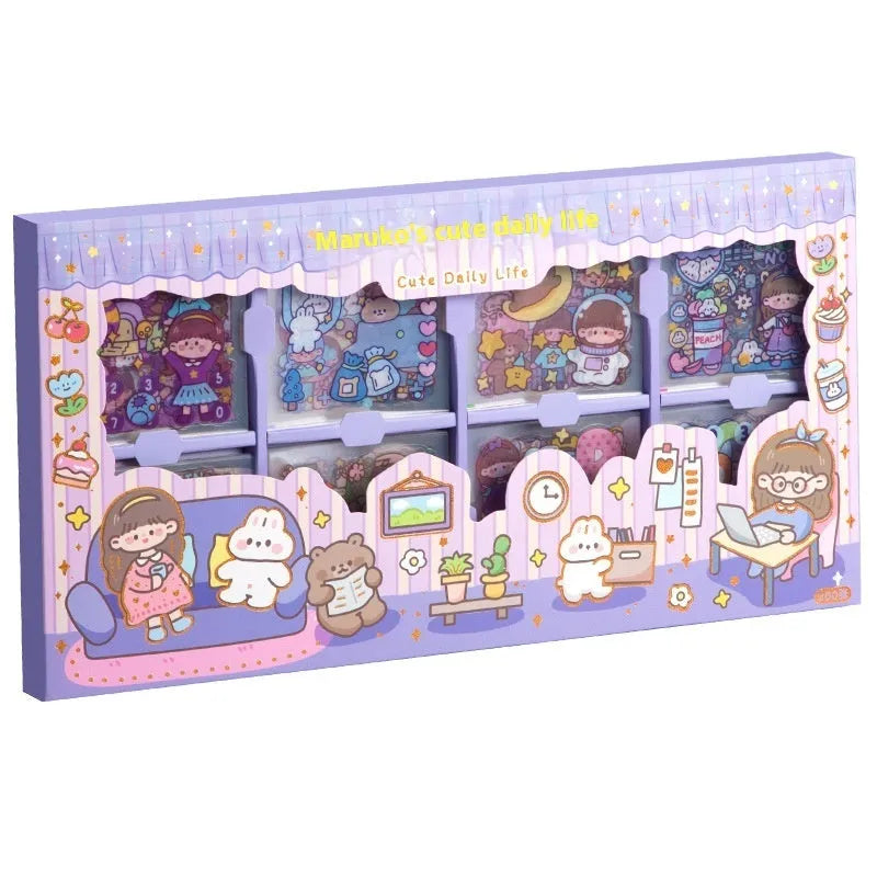 Box of children's stickers showing five cute designs including Meatball Cute Everyday and Peach Tea Party.