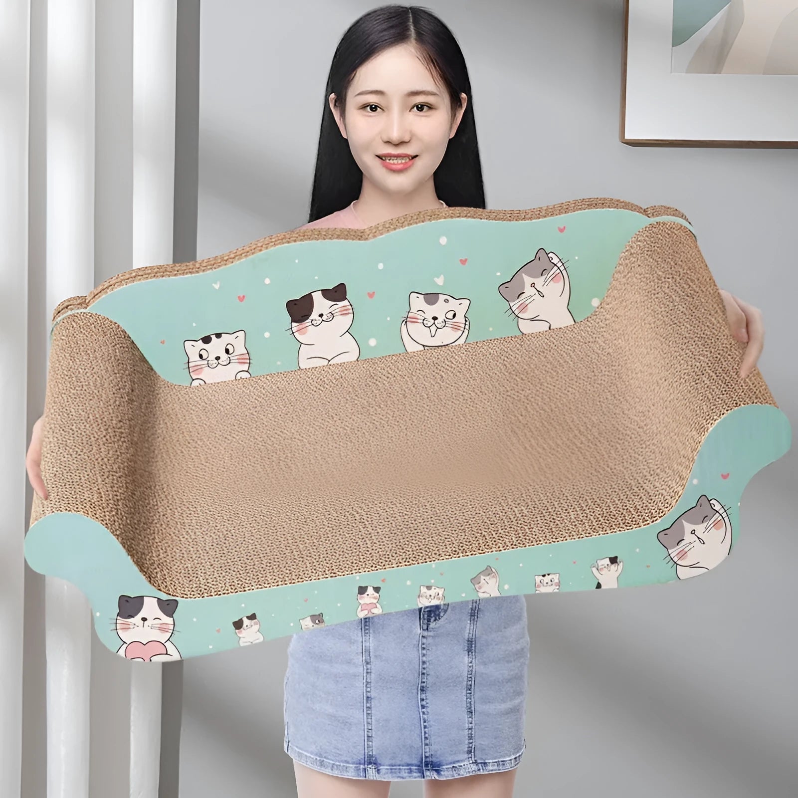 Extra large grey cat sofa bed with integrated scratching board and chamfer socket for indoor cats up to 25kg