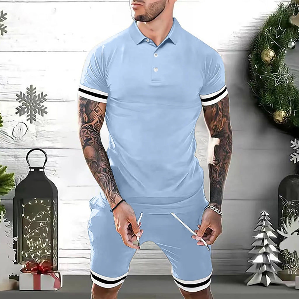 Men's two-piece short set with short-sleeve polo shirt and shorts in black, blue, gray, green, navy blue or white, sizes M to 3XL.