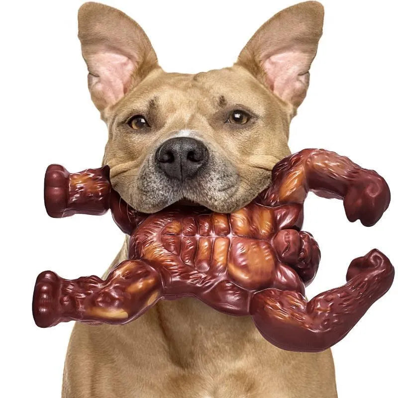 Scarlet red nylon dog chew toy with molar texture and beef flavour coating