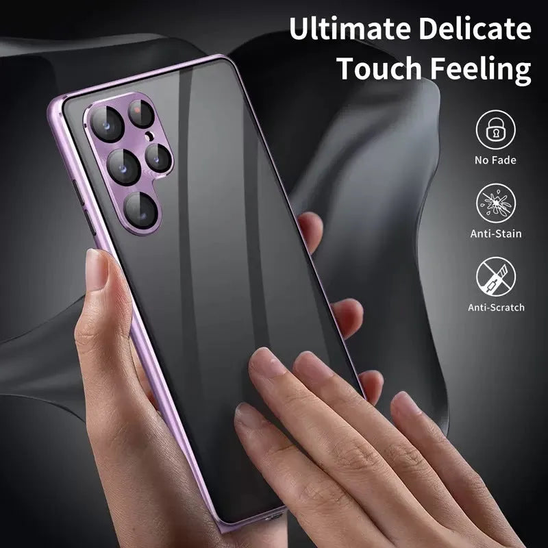 Samsung Galaxy S24 Ultra phone case with a magnetic mirror and metal construction in multiple colour options.