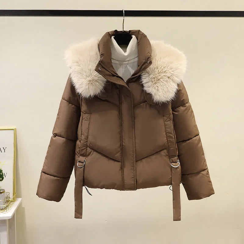 Women's short cotton-padded jacket with stand-up collar in loose warm style
