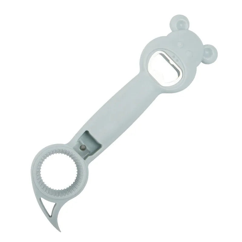 4-in-1 stainless steel and PP manual bottle opener and jar opener in gray blue, 21 cm long, on a white surface
