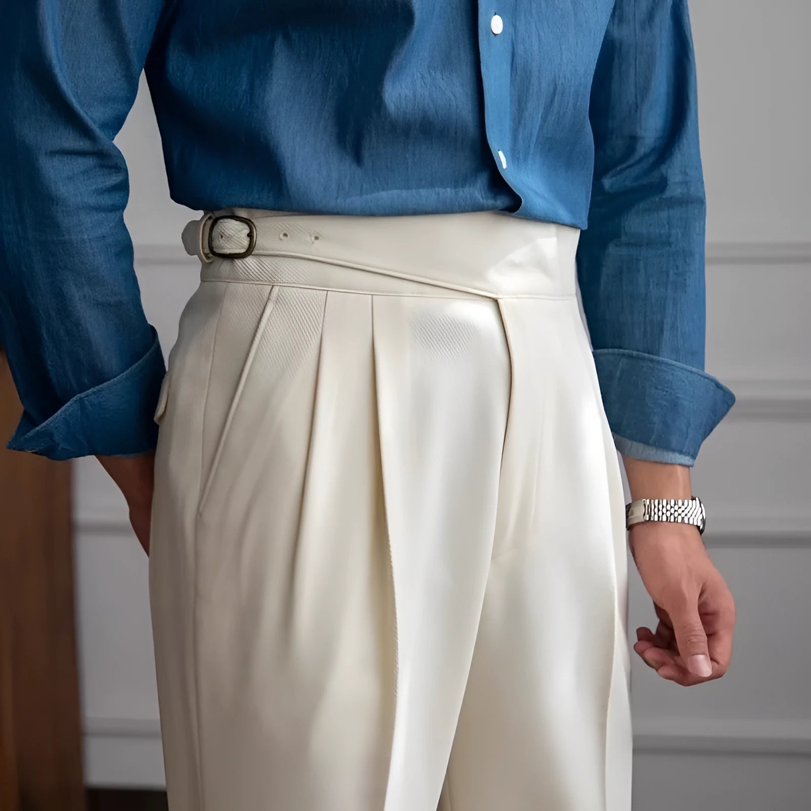 Men's high waist straight leg casual trousers in polyester available in multiple colours and sizes